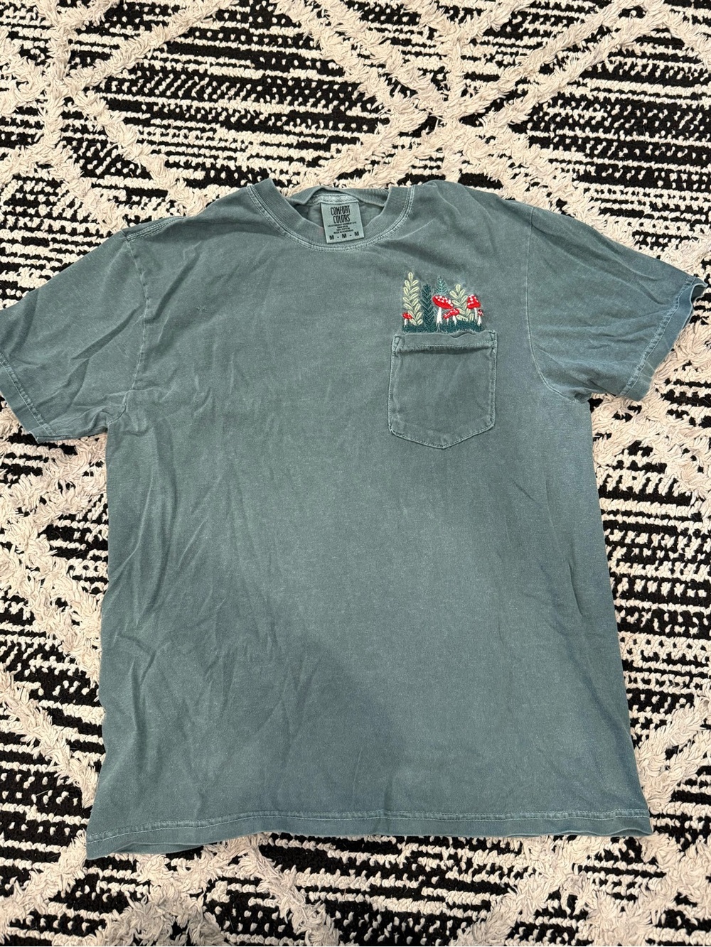 Comfort Colors Teal Short Sleeve Pocket Tee with Red Mushroom Embroidery